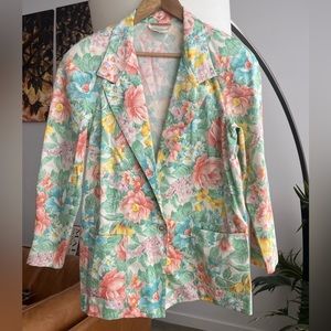 Vintage Snazzie Cotton Floral Print Long One-Button Blazer